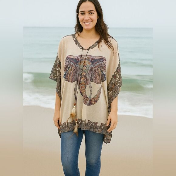 Boho Elephant Print Feather Tie Poncho Kimono One Size Fits Most Tribal Festiv - Picture 1 of 6